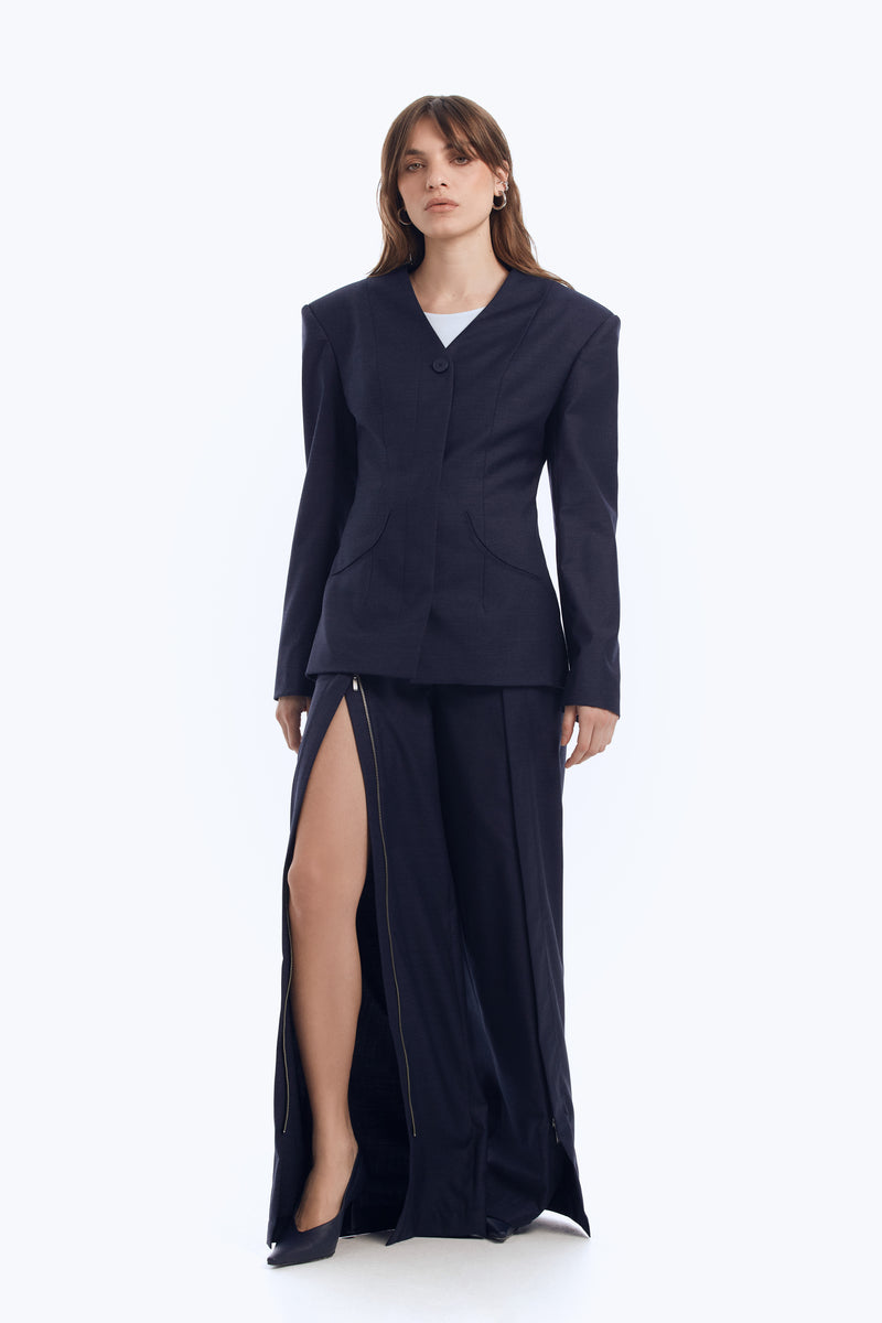 Fitted Collarless Jacket with Back Cut-out