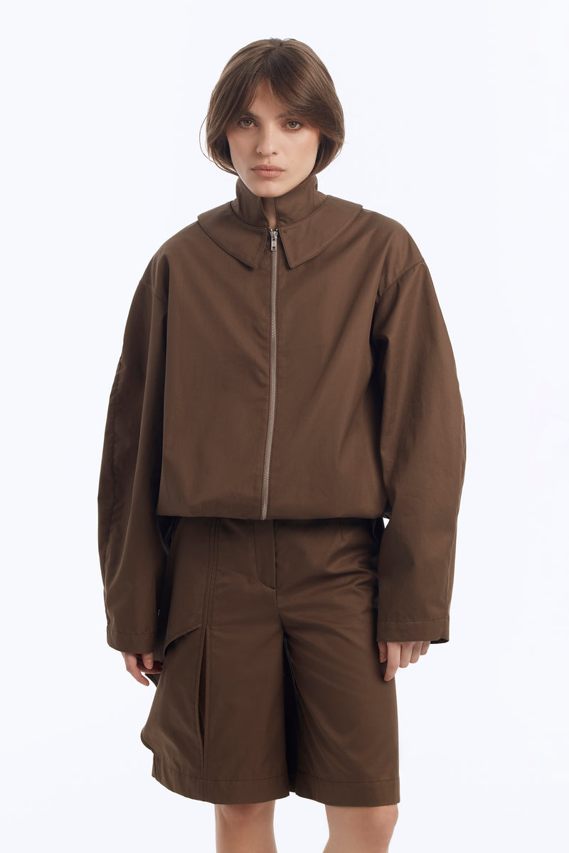 Zip-Up Bomber Jacket with Stand Collar