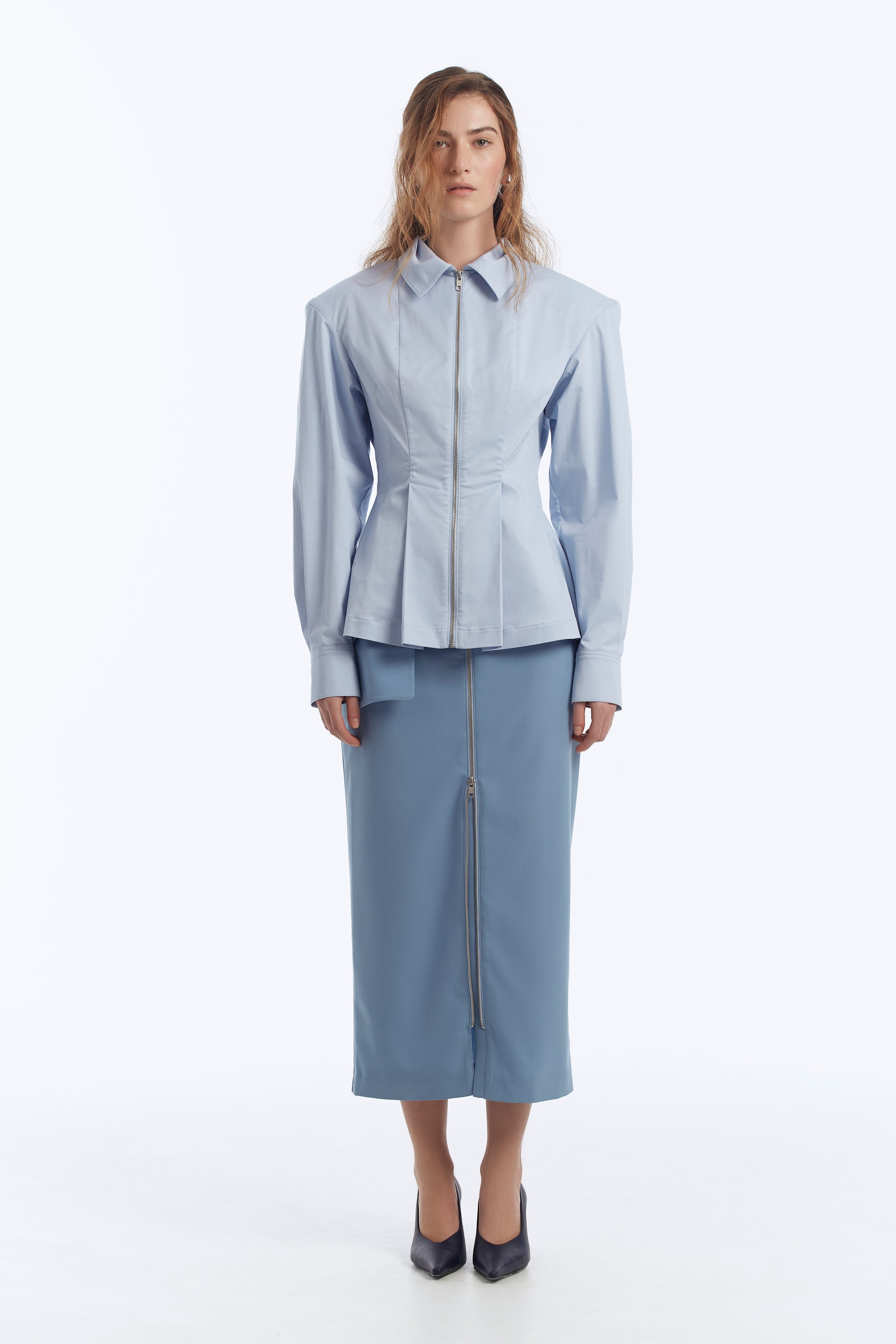 Cotton Zip-Up Shirt with Shoulder Pads