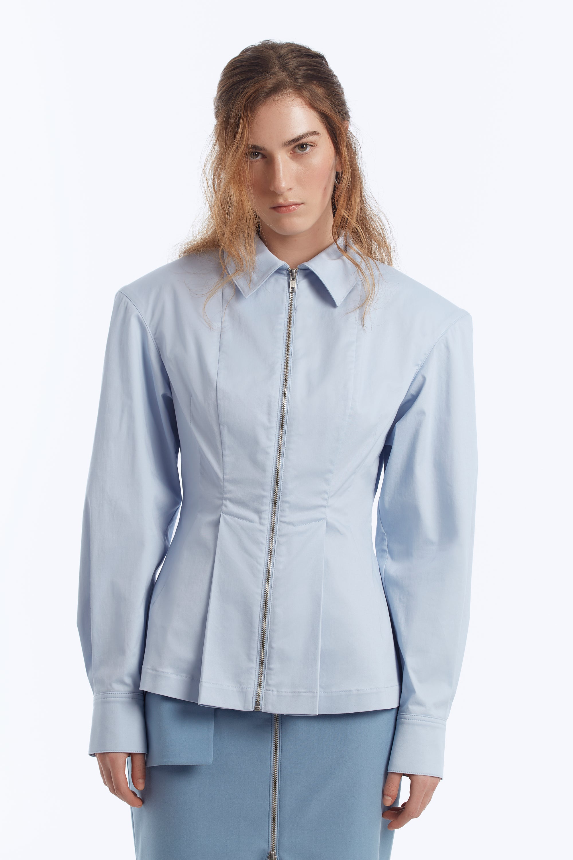 Cotton Zip-Up Shirt with Shoulder Pads