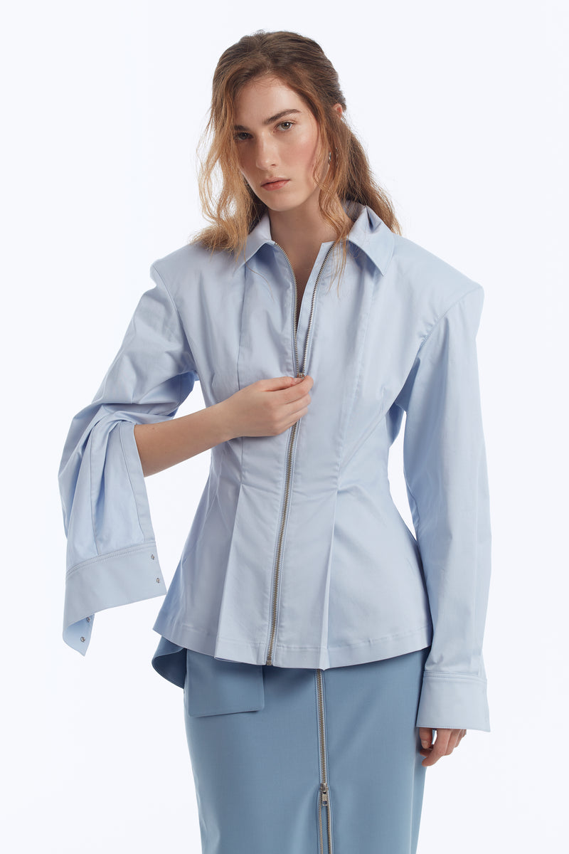 Cotton Zip-Up Shirt with Shoulder Pads