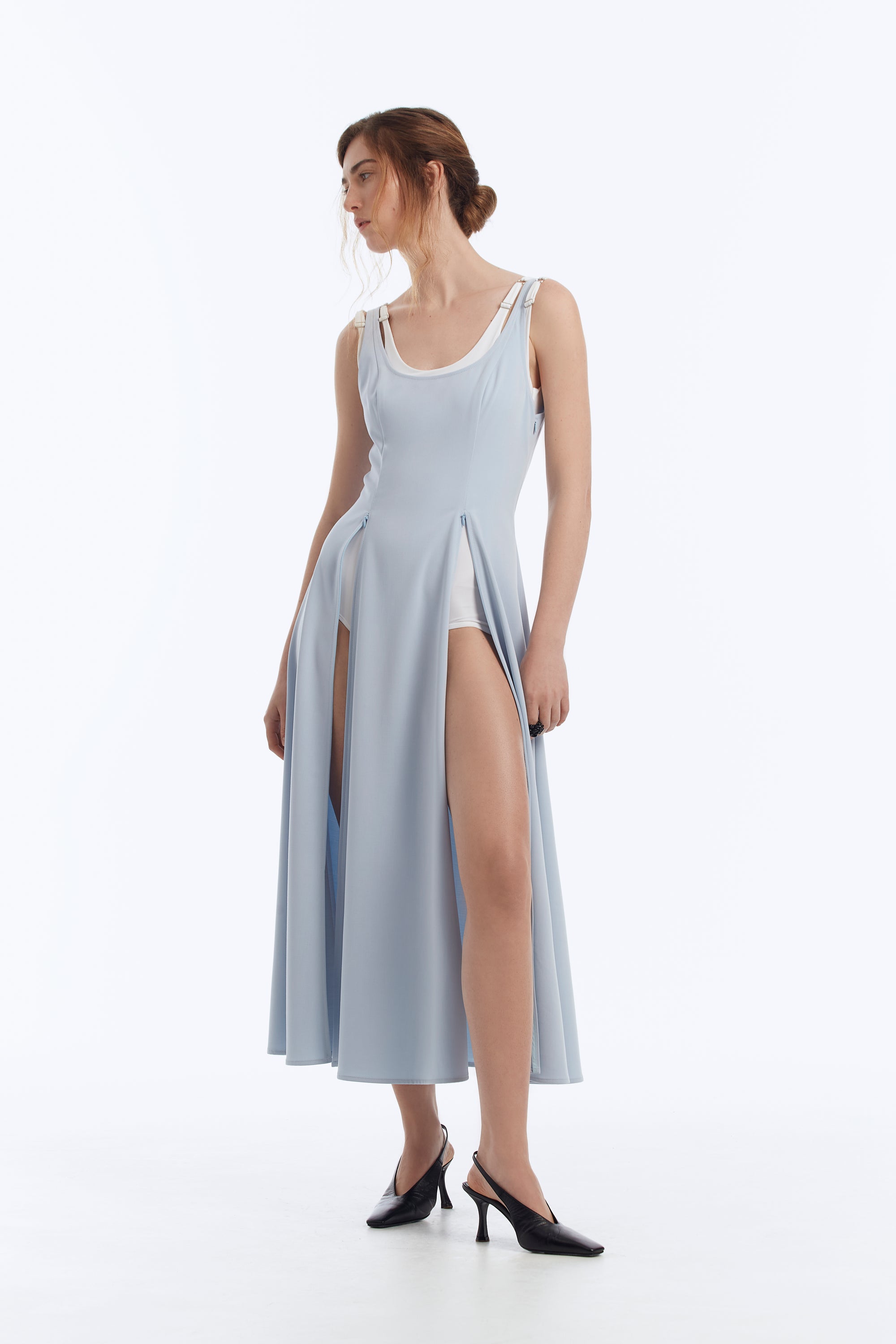 midi dress with zip back Crew Neck Cap Sleeve Back Zipper Midi Sheath Dress